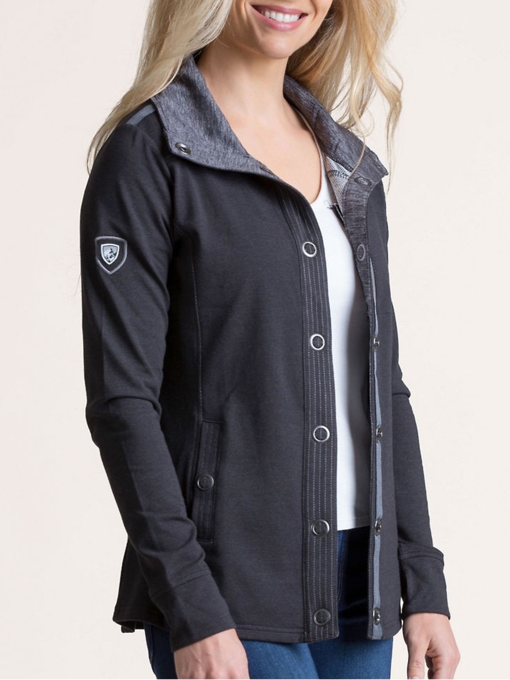 KUHL Krush Long Sleeve Jacket Dark Grey Snap Button Lightweight Silver Zip Sz XS - Picture 1 of 15